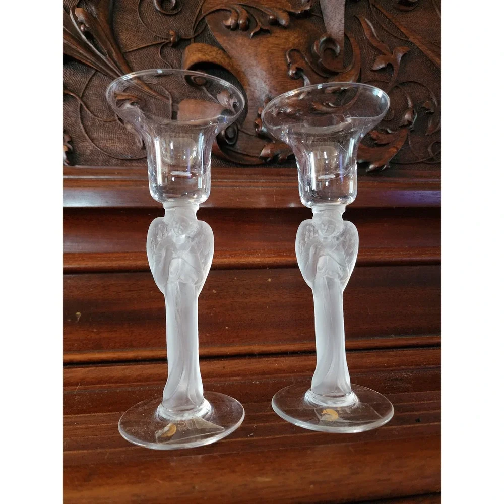 Schmid Folio Of France Hand Blown‎ Frosted Angel Candle Stick Set Of 2- Vintage